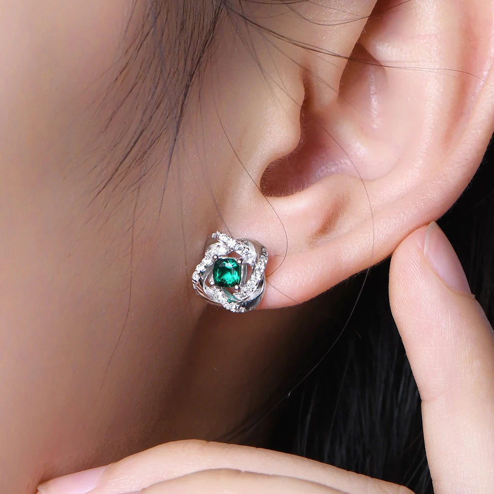 S925 Sterling Silver Lab Grown Emerald Gemstone Jewelry Set for Women Stud Earrings Necklace Pendant Vintage Lady Gifts