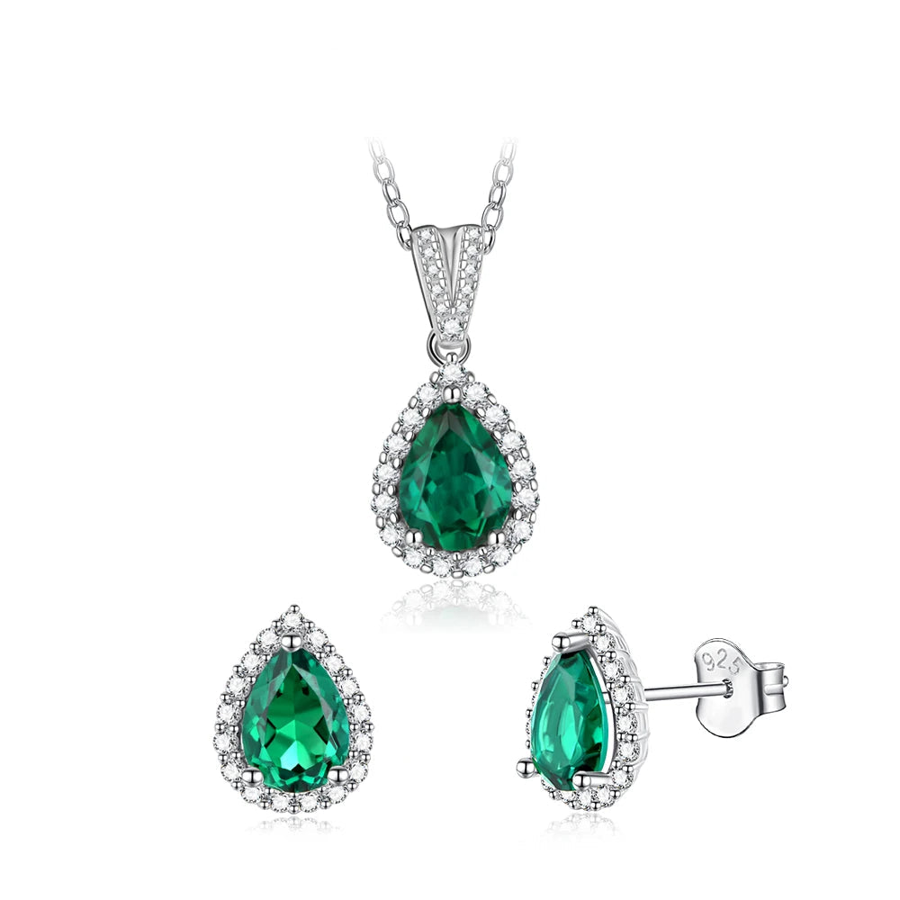 Lab Grown Pear Emerald Gemstone Jewelry Set for Women Stud Earrings Necklace Pendant S925 Sterling Silver for Wedding