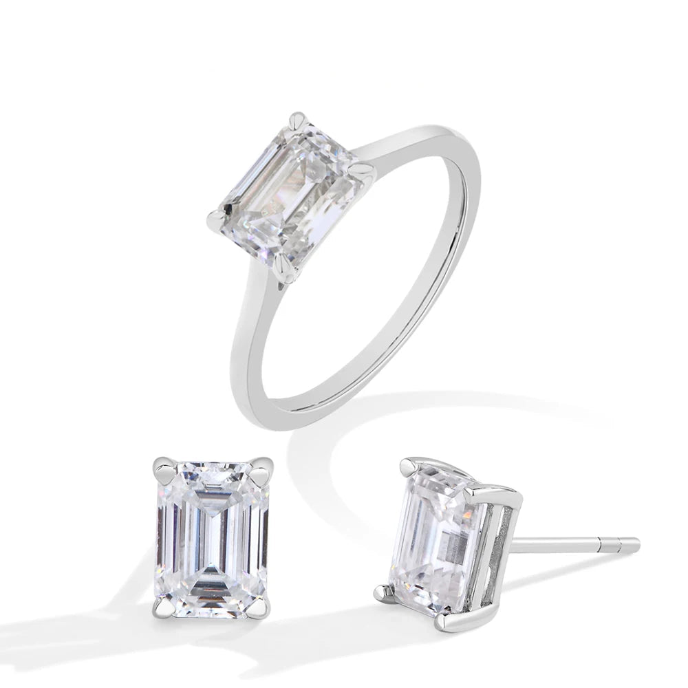 Emerald Cut Moissanite Jewelry Set for Women Men 2.0CT Diamond Ring 1CT Stud Earrings S925 Sterling Silver Wedding Gift