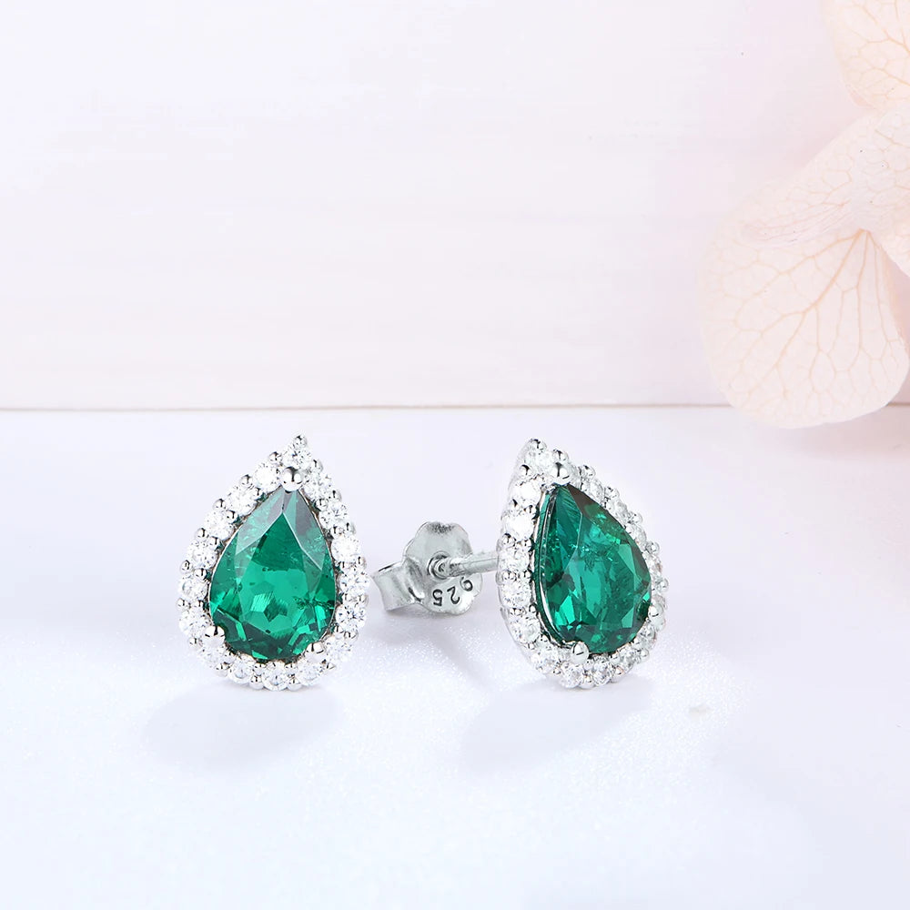 Lab Grown Pear Emerald Gemstone Jewelry Set for Women Stud Earrings Necklace Pendant S925 Sterling Silver for Wedding