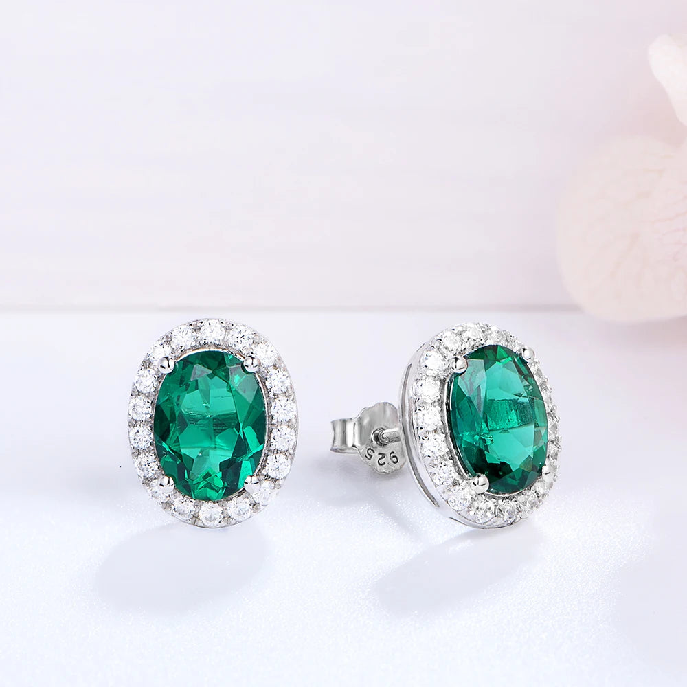 925 Sterling Silver Jewelry Set for Women Lab Grown Oval Emerald Gemstone Stud Earrings Necklace Pendant Vintage Gifts