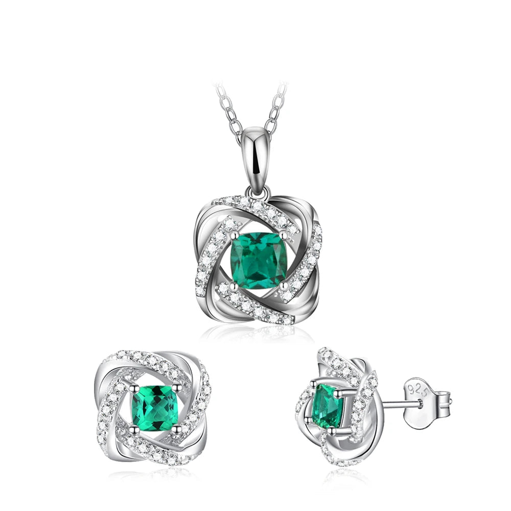 S925 Sterling Silver Lab Grown Emerald Gemstone Jewelry Set for Women Stud Earrings Necklace Pendant Vintage Lady Gifts