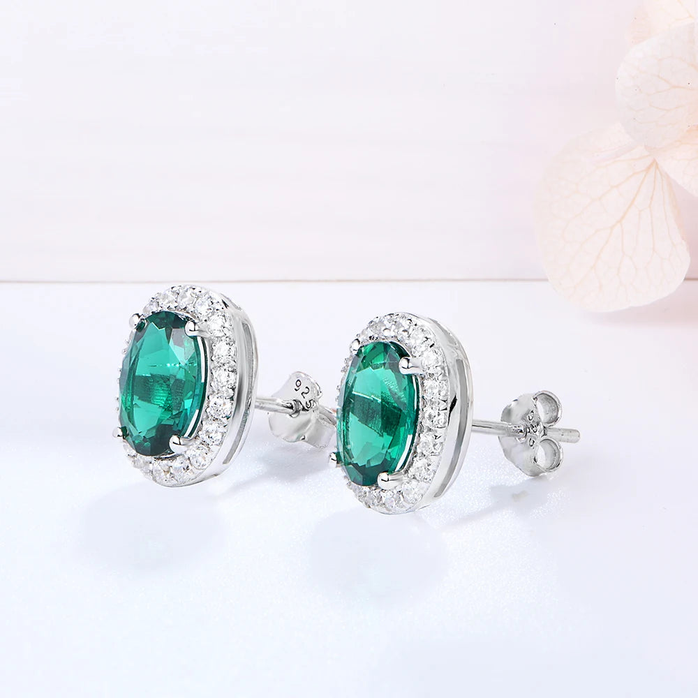 925 Sterling Silver Jewelry Set for Women Lab Grown Oval Emerald Gemstone Stud Earrings Necklace Pendant Vintage Gifts