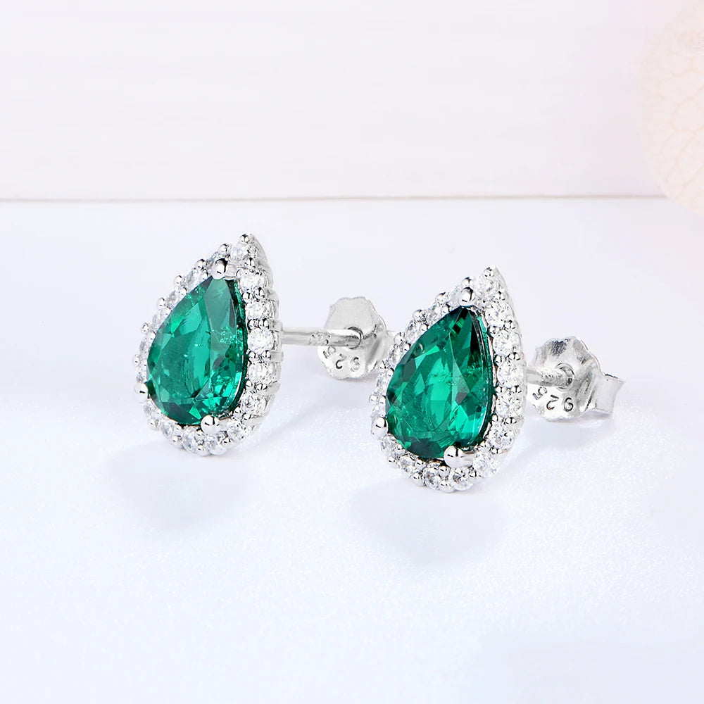 Lab Grown Pear Emerald Gemstone Jewelry Set for Women Stud Earrings Necklace Pendant S925 Sterling Silver for Wedding