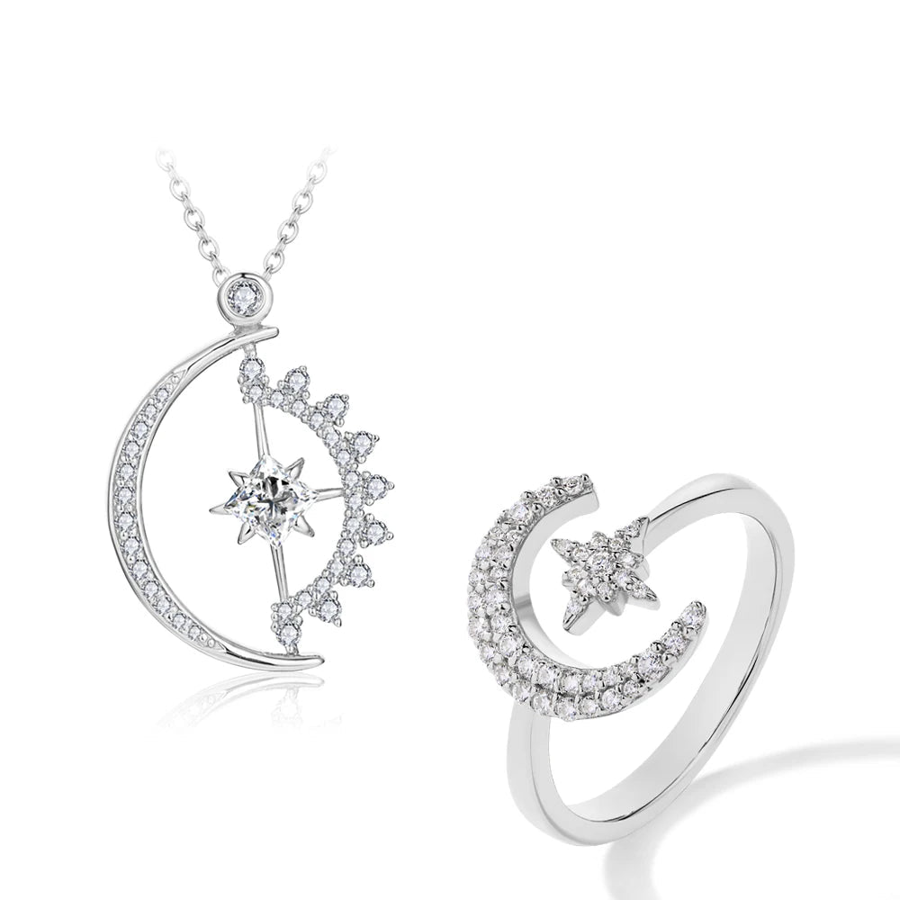 Elegant Moon Stars Moissanite Jewelry Set for Women D Color Necklace VVS1 Diamond Rings S925 Sterling Silver Pass Test