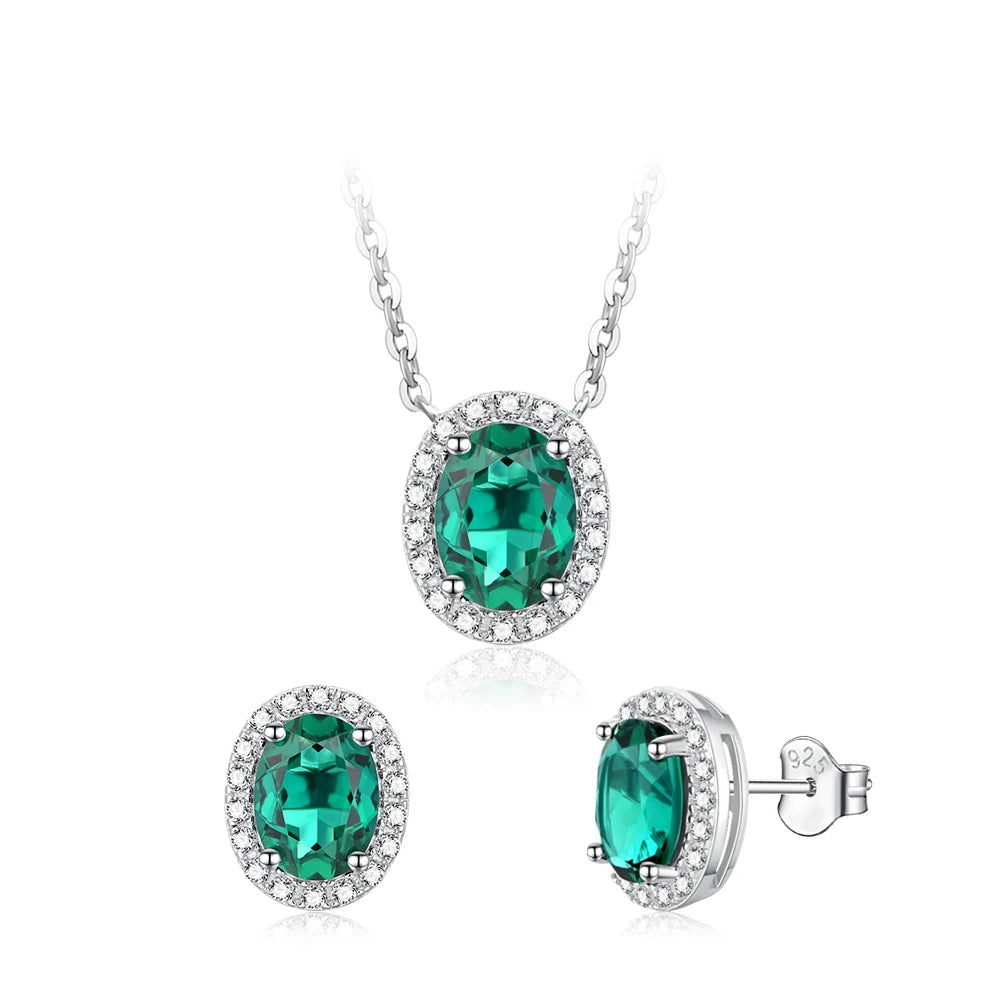 925 Sterling Silver Jewelry Set for Women Lab Grown Oval Emerald Gemstone Stud Earrings Necklace Pendant Vintage Gifts